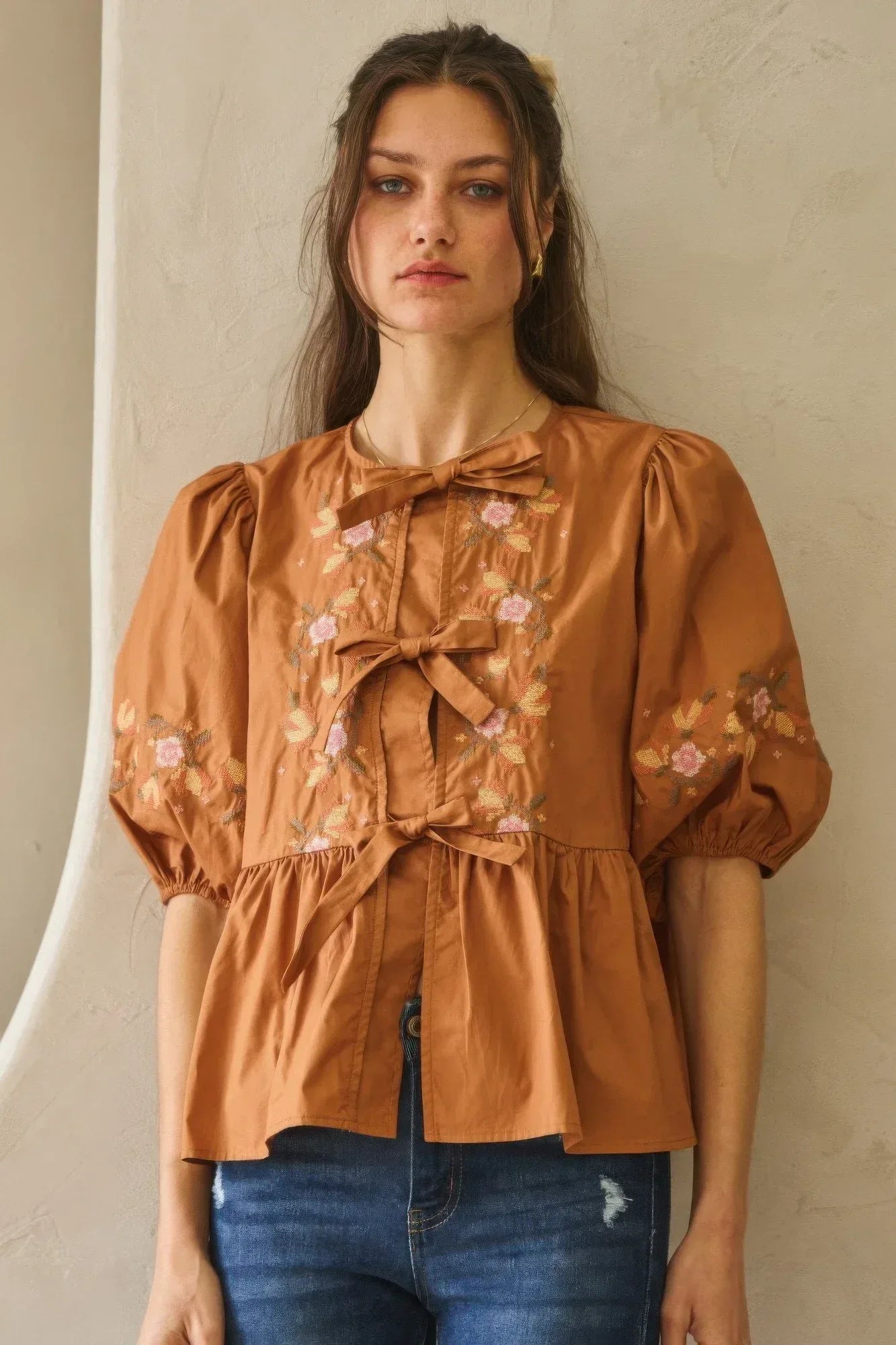 Poplin Front Ribbon Tie Blouse | Mixtshop LLC