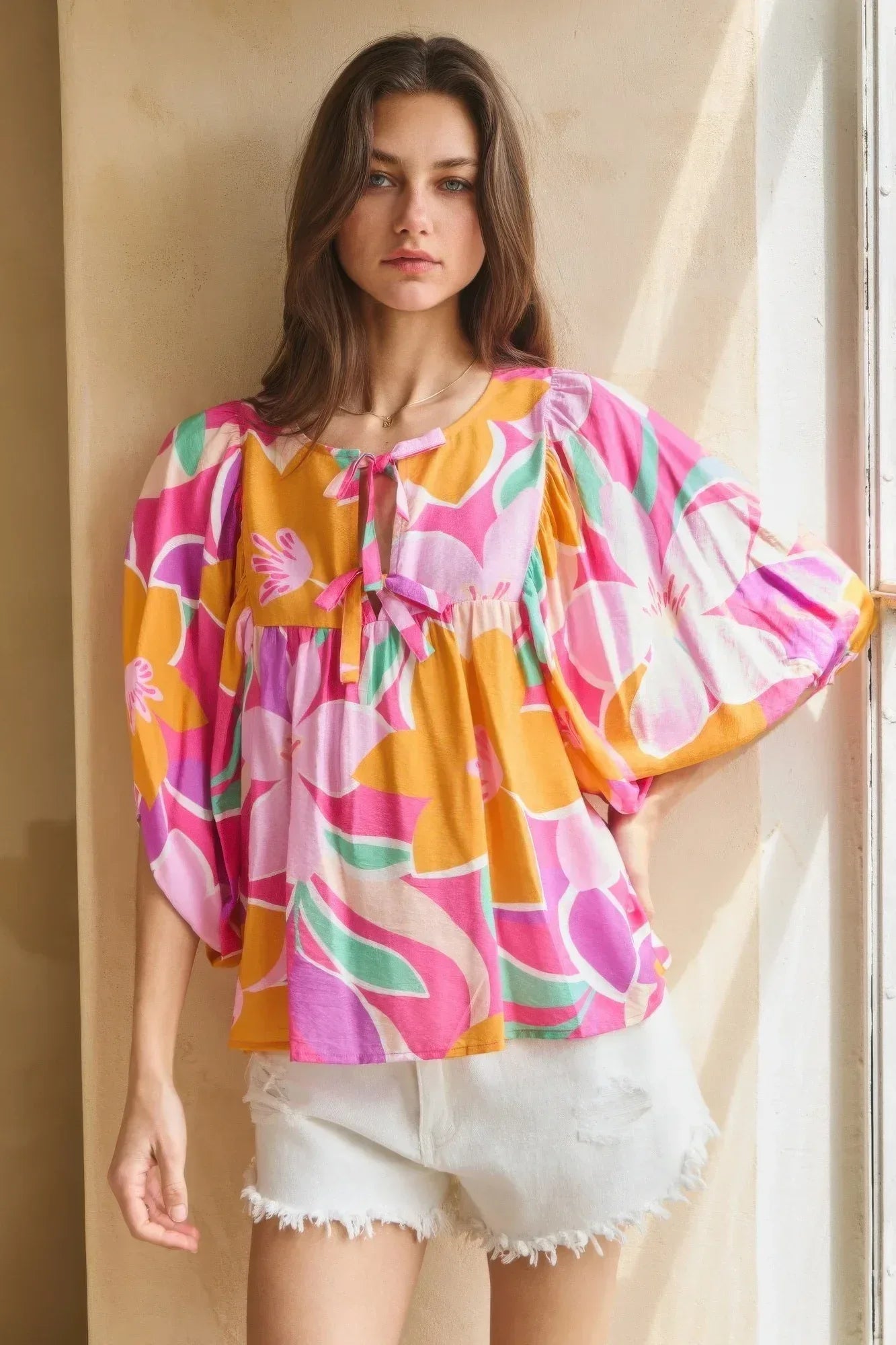 Geo Floral Printed Batwing Sleeve Top | Mixtshop LLC Main image