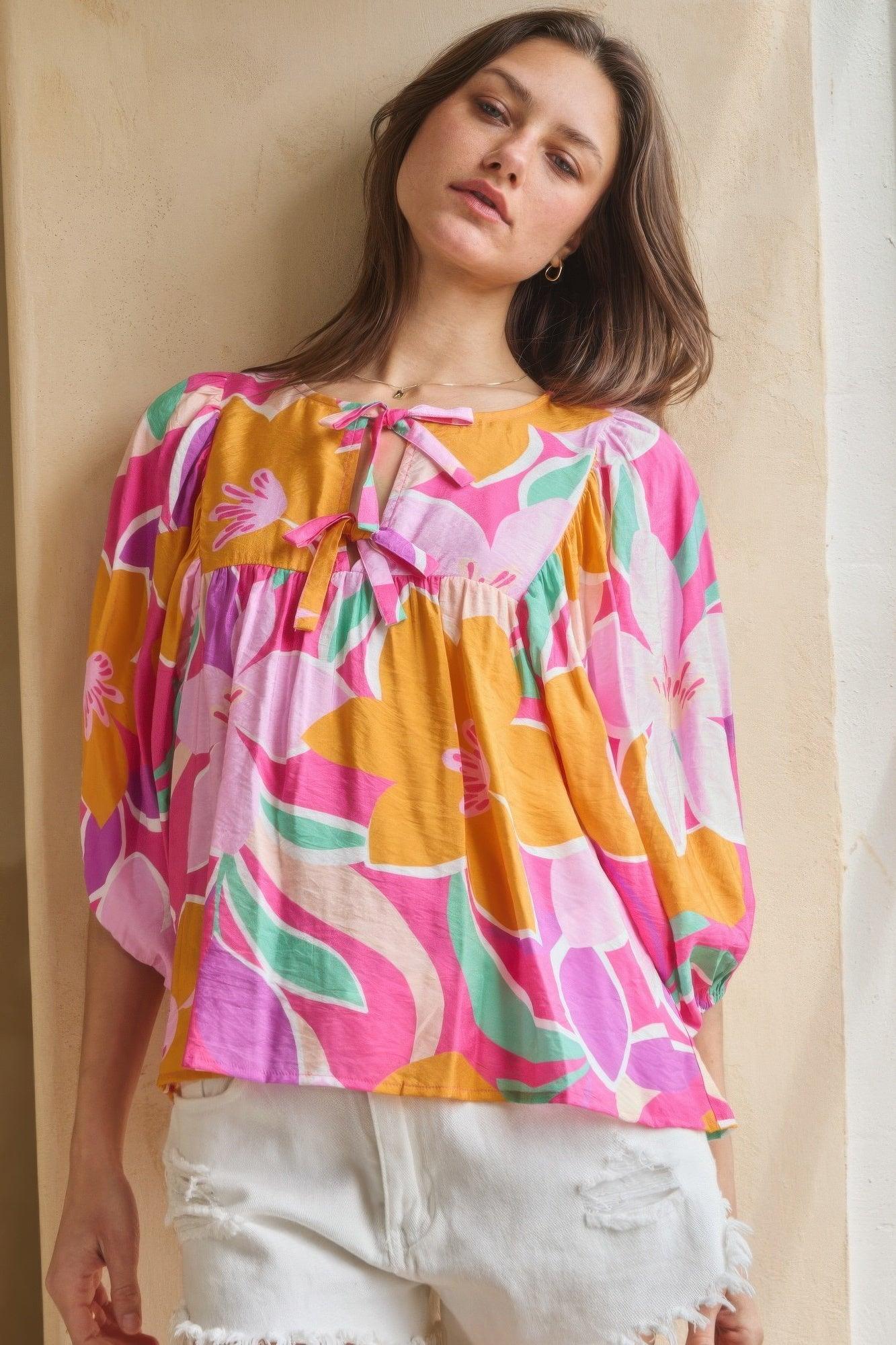 Geo Floral Printed Batwing Sleeve Top Secondary image