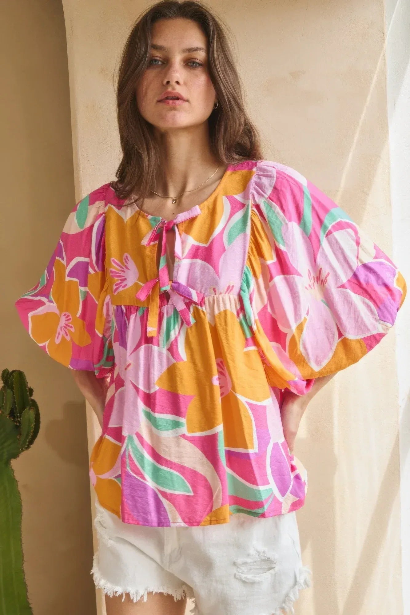 Geo Floral Printed Batwing Sleeve Top | Mixtshop LLC