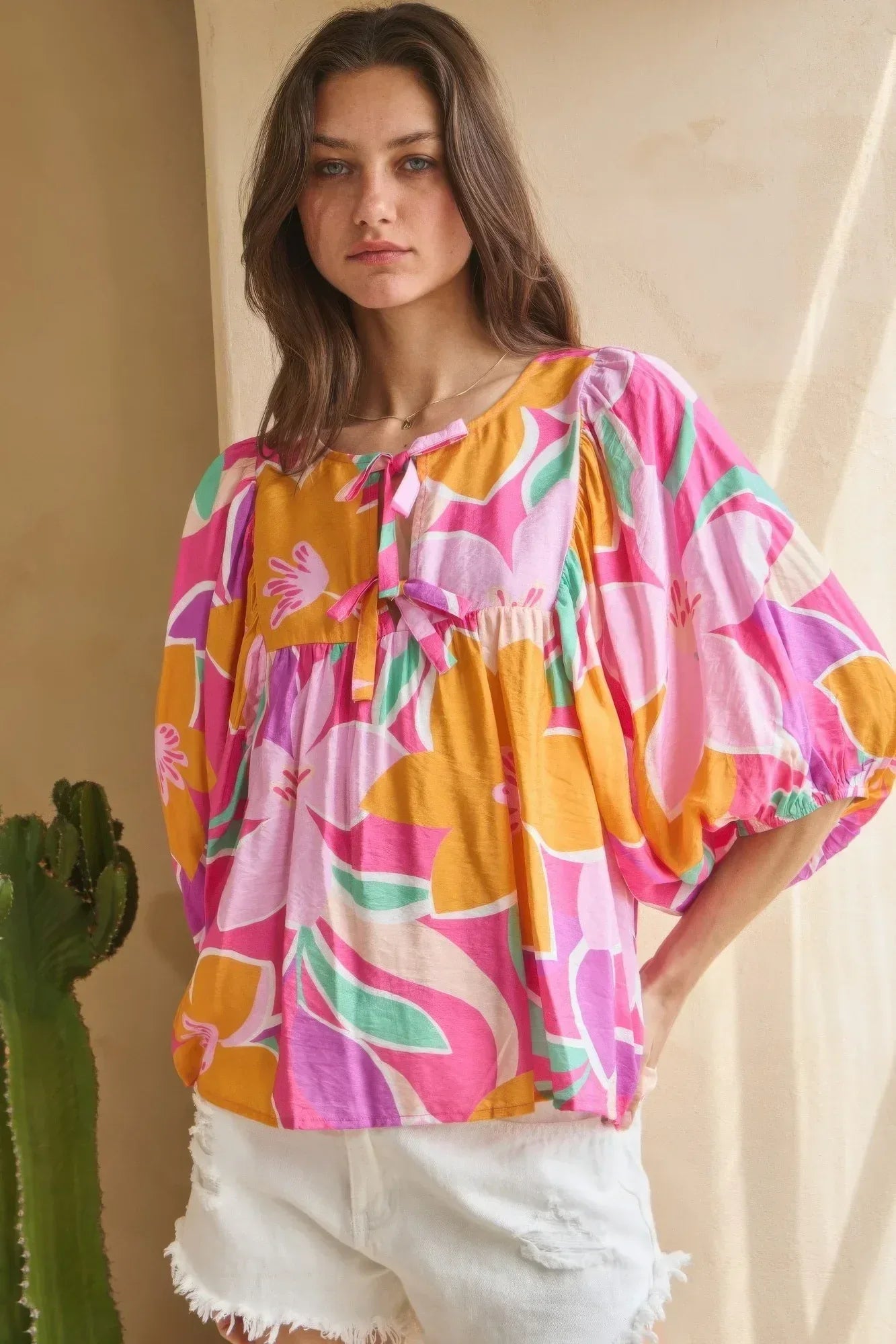 Geo Floral Printed Batwing Sleeve Top | Mixtshop LLC