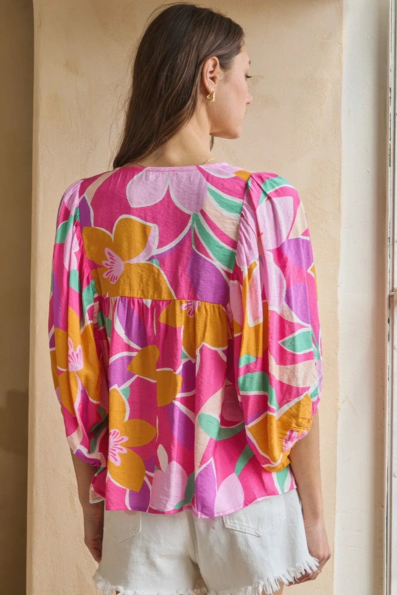Geo Floral Printed Batwing Sleeve Top | Mixtshop LLC