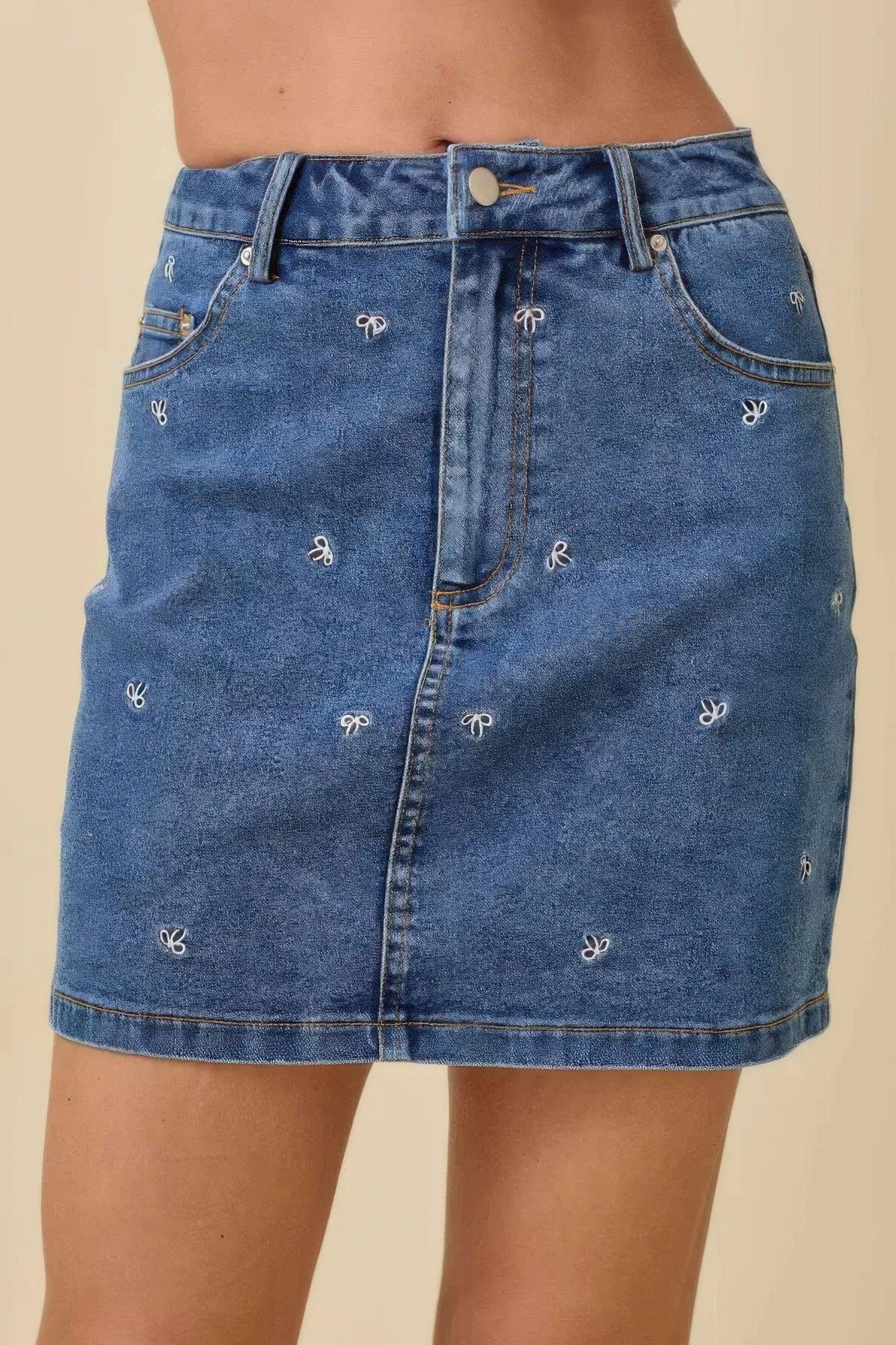 Mini Denim Skirt With All Over Ribbon Bow | Mixtshop LLC