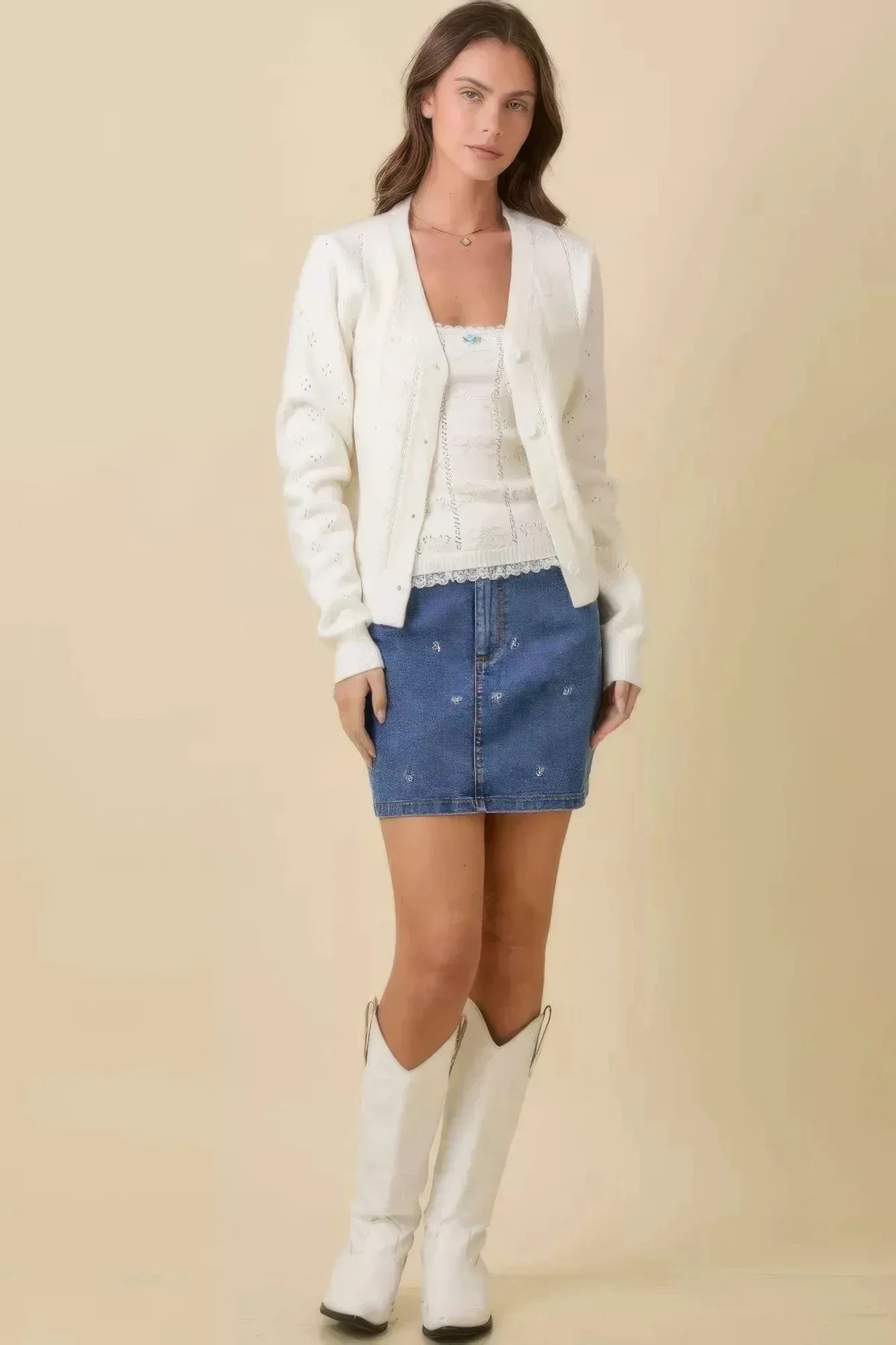 Mini Denim Skirt With All Over Ribbon Bow | Mixtshop LLC