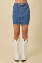 Mini Denim Skirt With All Over Ribbon Bow | Mixtshop LLC