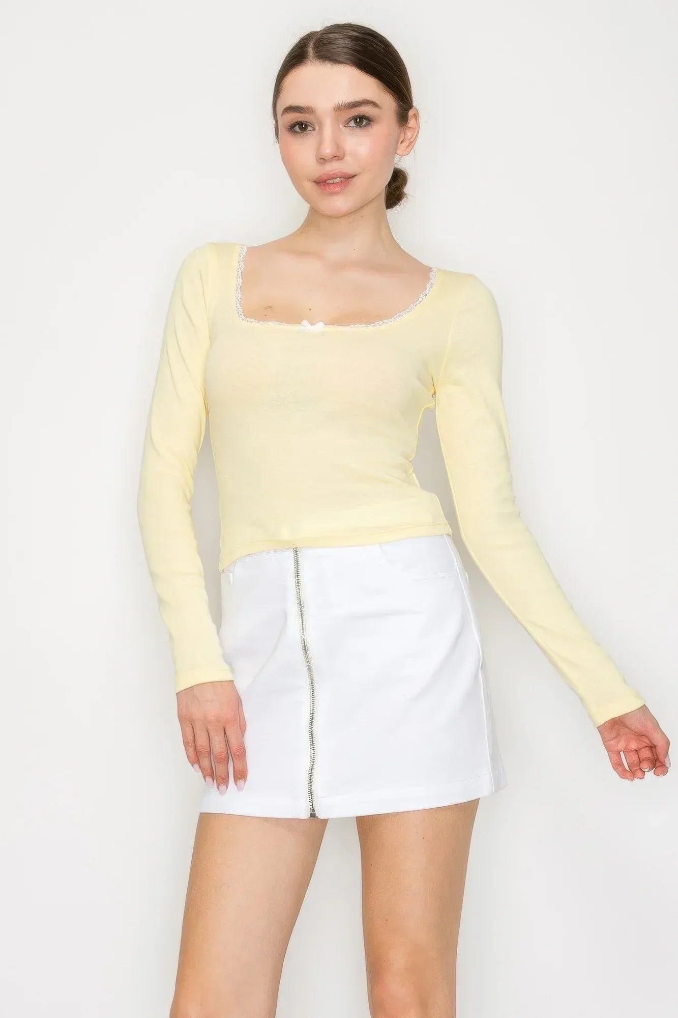 Lace Trim Square Long Sleeve Top | Mixtshop LLC Main image