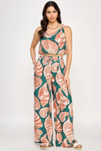 Printed Sleeveless Bubble Hem Top And Paper Bag Waist Pants Set | Mixtshop LLC