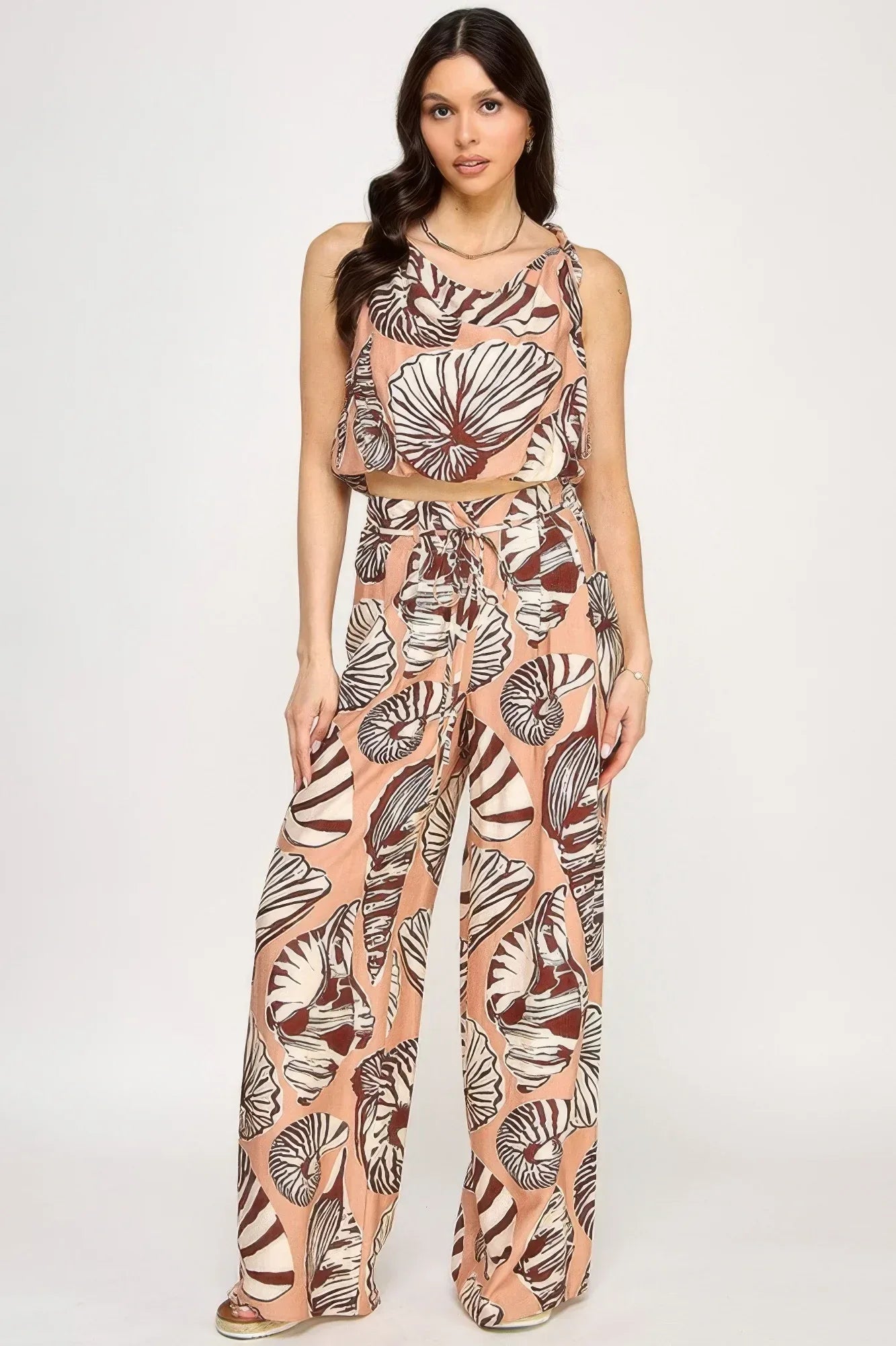 Printed Sleeveless Bubble Hem Top And Paper Bag Waist Pants Set | Mixtshop LLC Main image