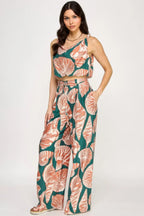 Printed Sleeveless Bubble Hem Top And Paper Bag Waist Pants Set | Mixtshop LLC