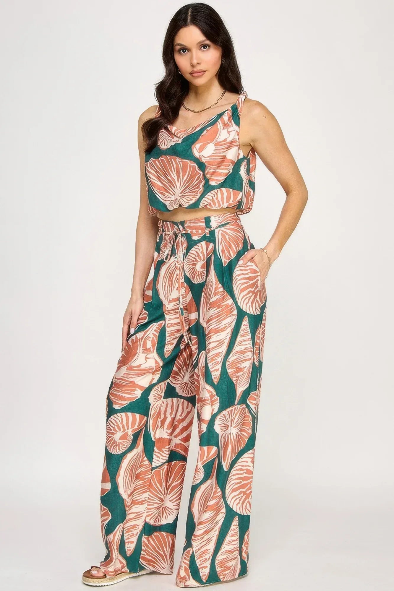 Printed Sleeveless Bubble Hem Top And Paper Bag Waist Pants Set | Mixtshop LLC