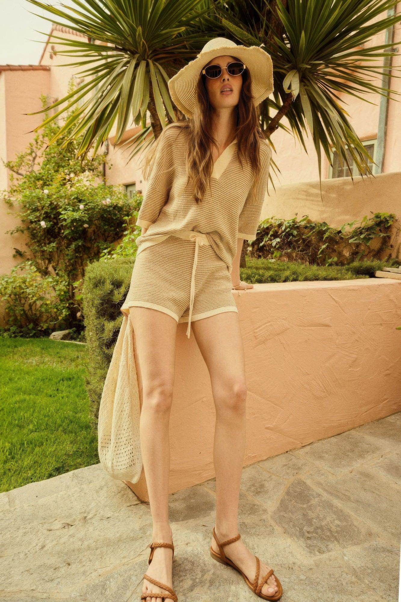 Striped Knit Wide-leg Drawstring Sweater Shorts Secondary image