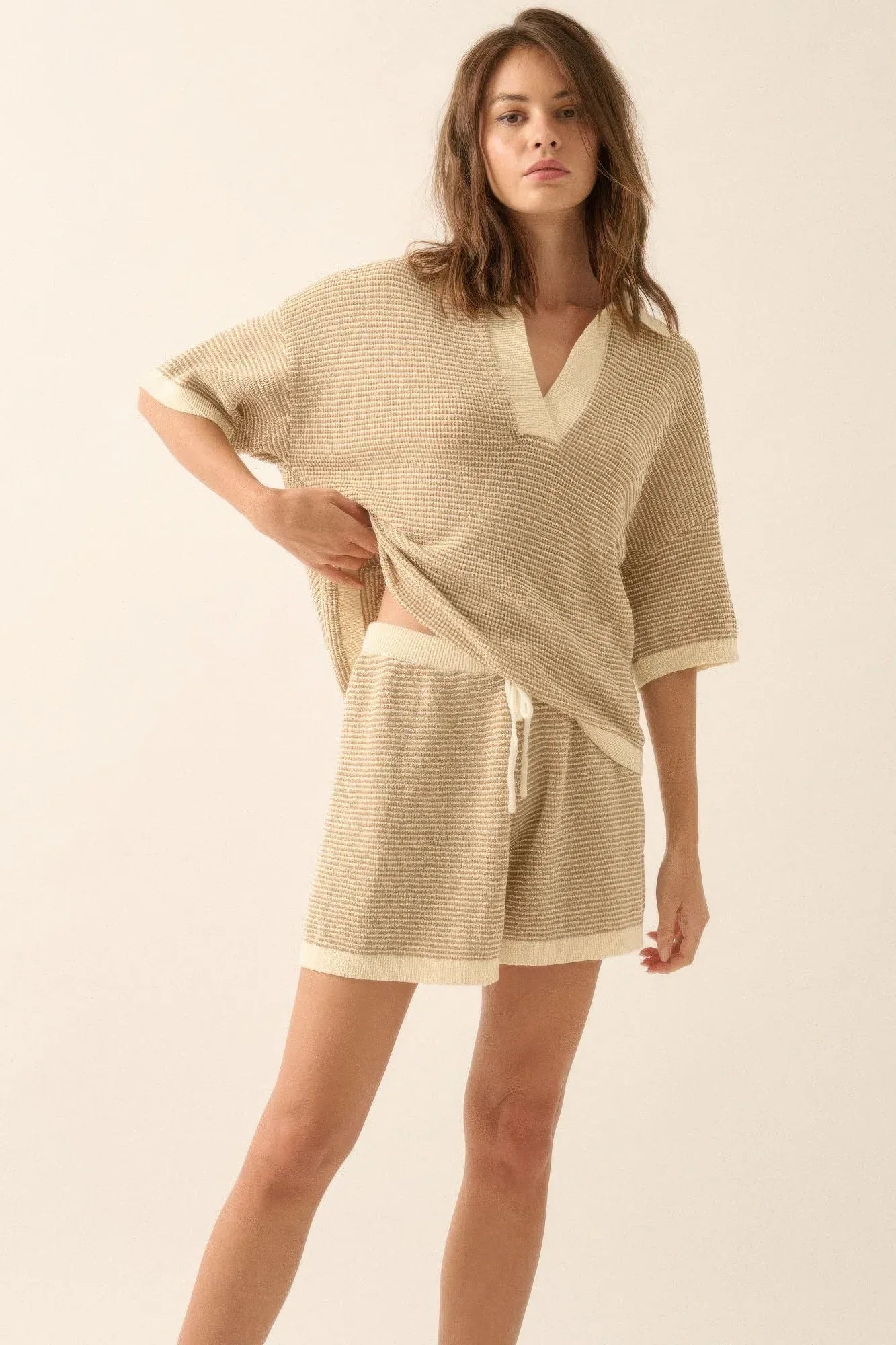 Striped Knit Wide-leg Drawstring Sweater Shorts | Mixtshop LLC