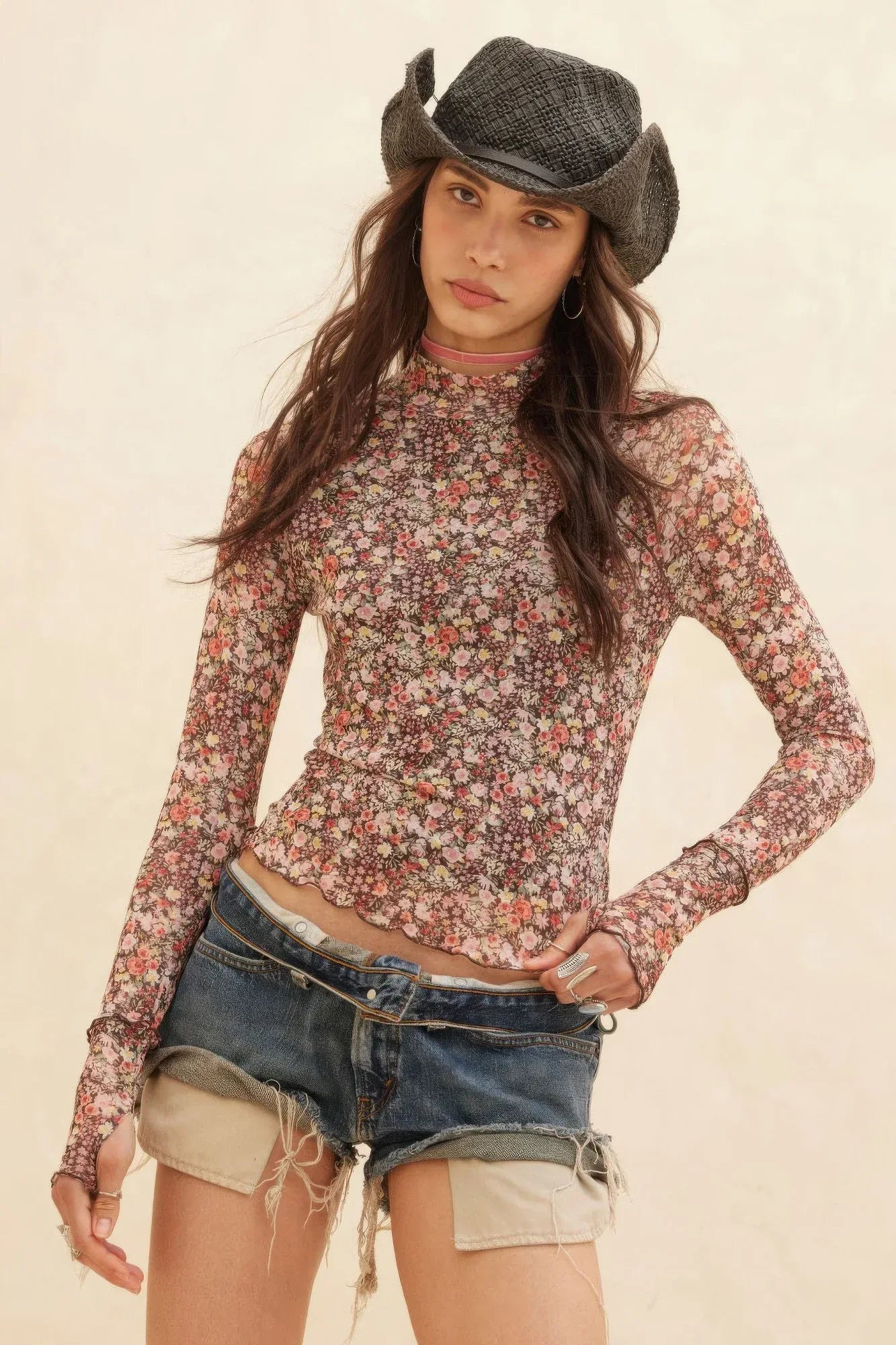Floral-print Mesh Cropped Mock-neckthumbhole Top | Mixtshop LLC Main image