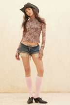 Floral-print Mesh Cropped Mock-neckthumbhole Top | Mixtshop LLC