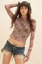 Floral-print Mesh Cropped Mock-neckthumbhole Top | Mixtshop LLC