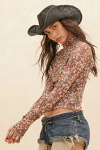 Floral-print Mesh Cropped Mock-neckthumbhole Top | Mixtshop LLC