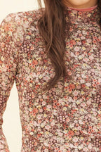 Floral-print Mesh Cropped Mock-neckthumbhole Top | Mixtshop LLC