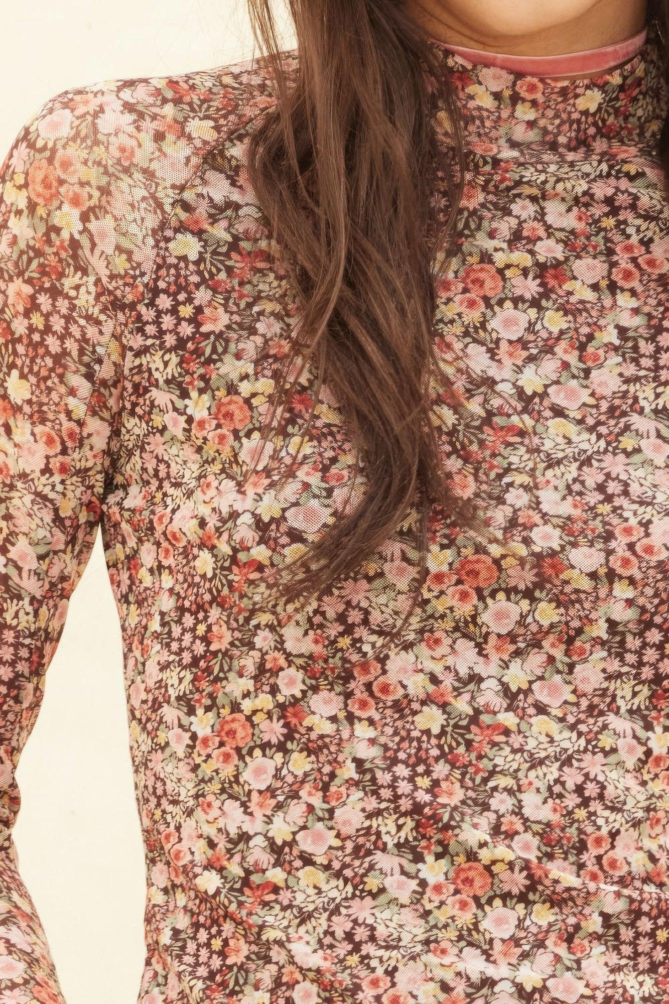 Floral-print Mesh Cropped Mock-neckthumbhole Top | Mixtshop LLC