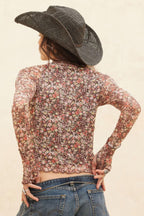 Floral-print Mesh Cropped Mock-neckthumbhole Top | Mixtshop LLC