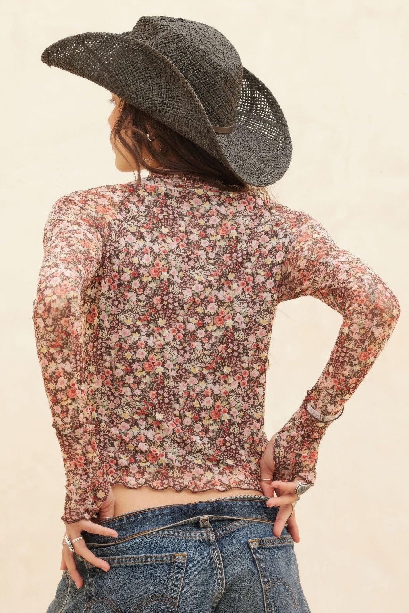 Floral-print Mesh Cropped Mock-neckthumbhole Top | Mixtshop LLC