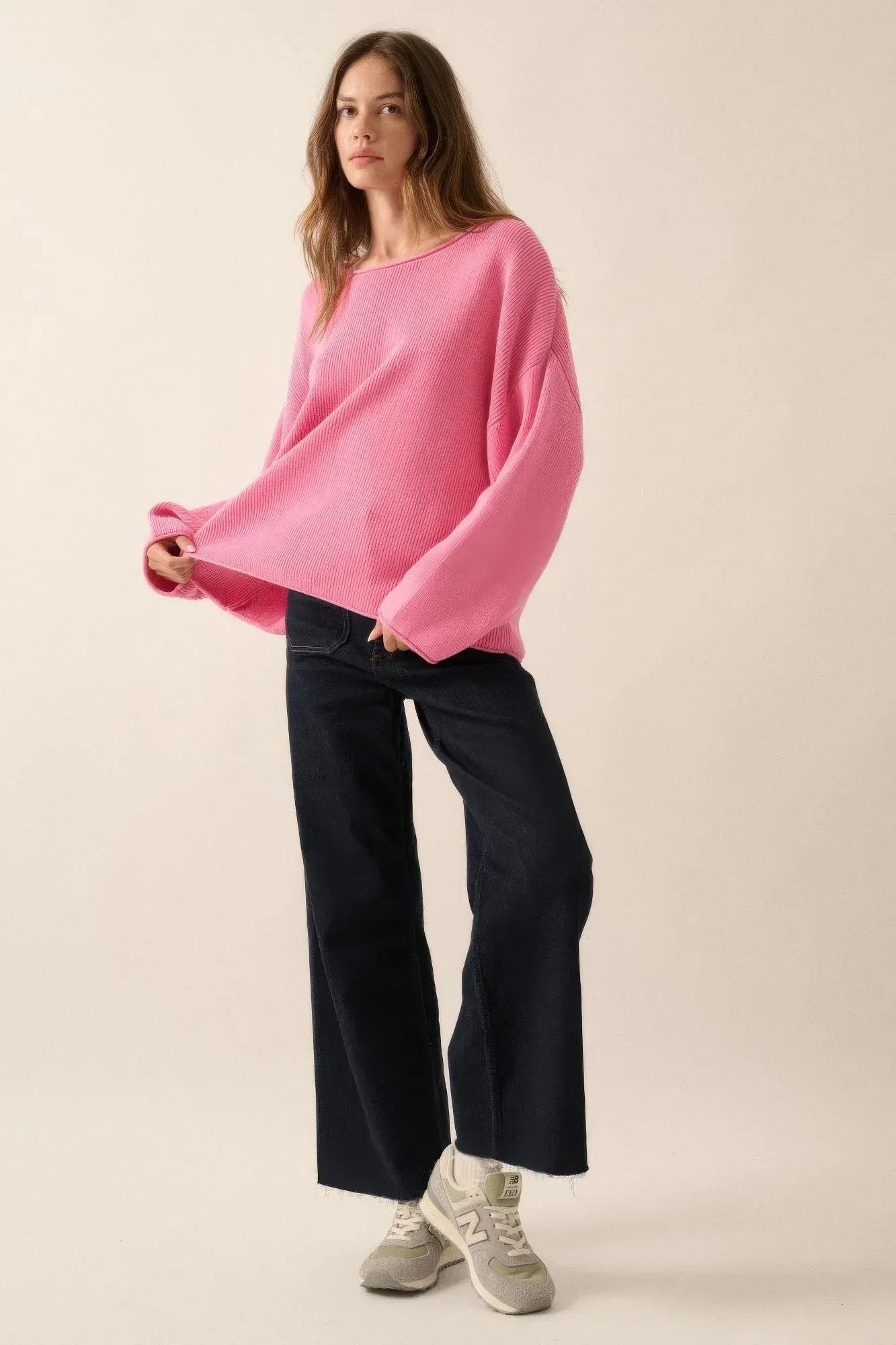 Solid Rib-knit Oversized Boatneck Sweater Secondary image