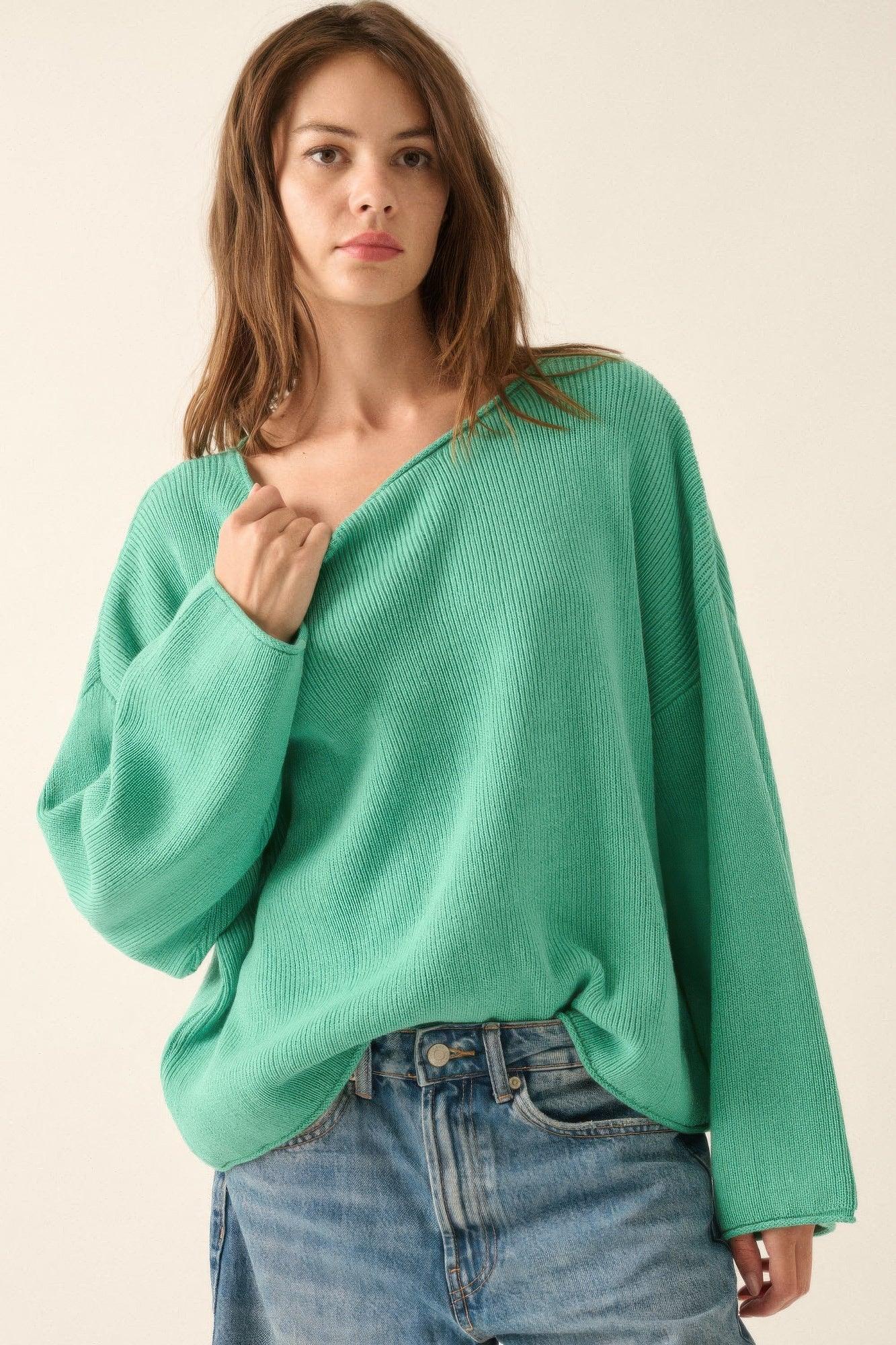 Solid Rib-knit Oversized Boatneck Sweater | Mixtshop LLC