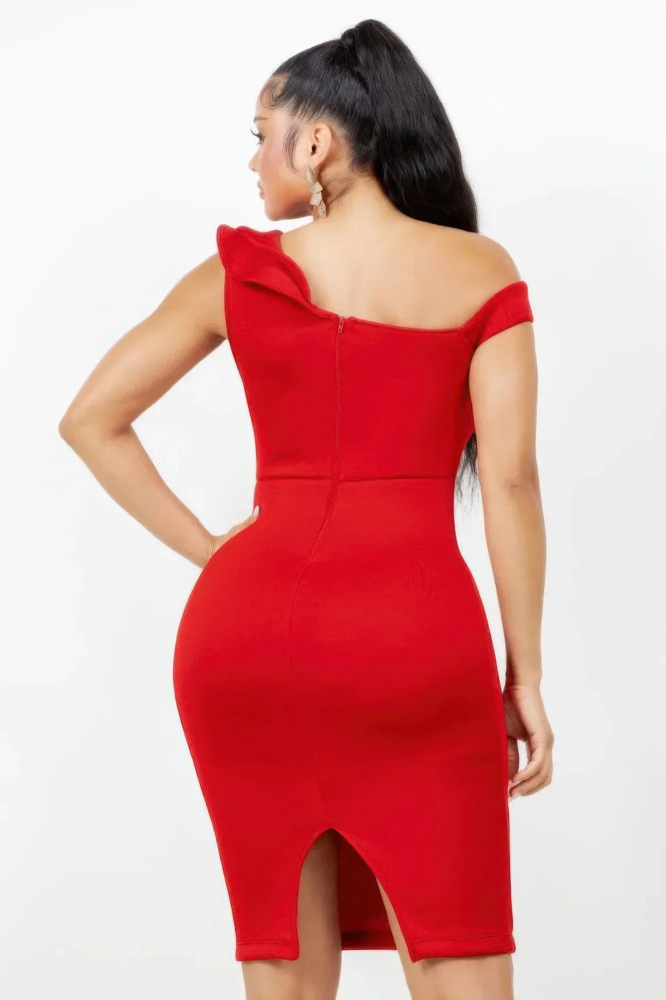 Monroe Asymmetric Ruffle Midi Dress | Mixtshop LLC