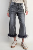 Fur Bottom Hem Washed Stretch Denim Pants | Mixtshop LLC