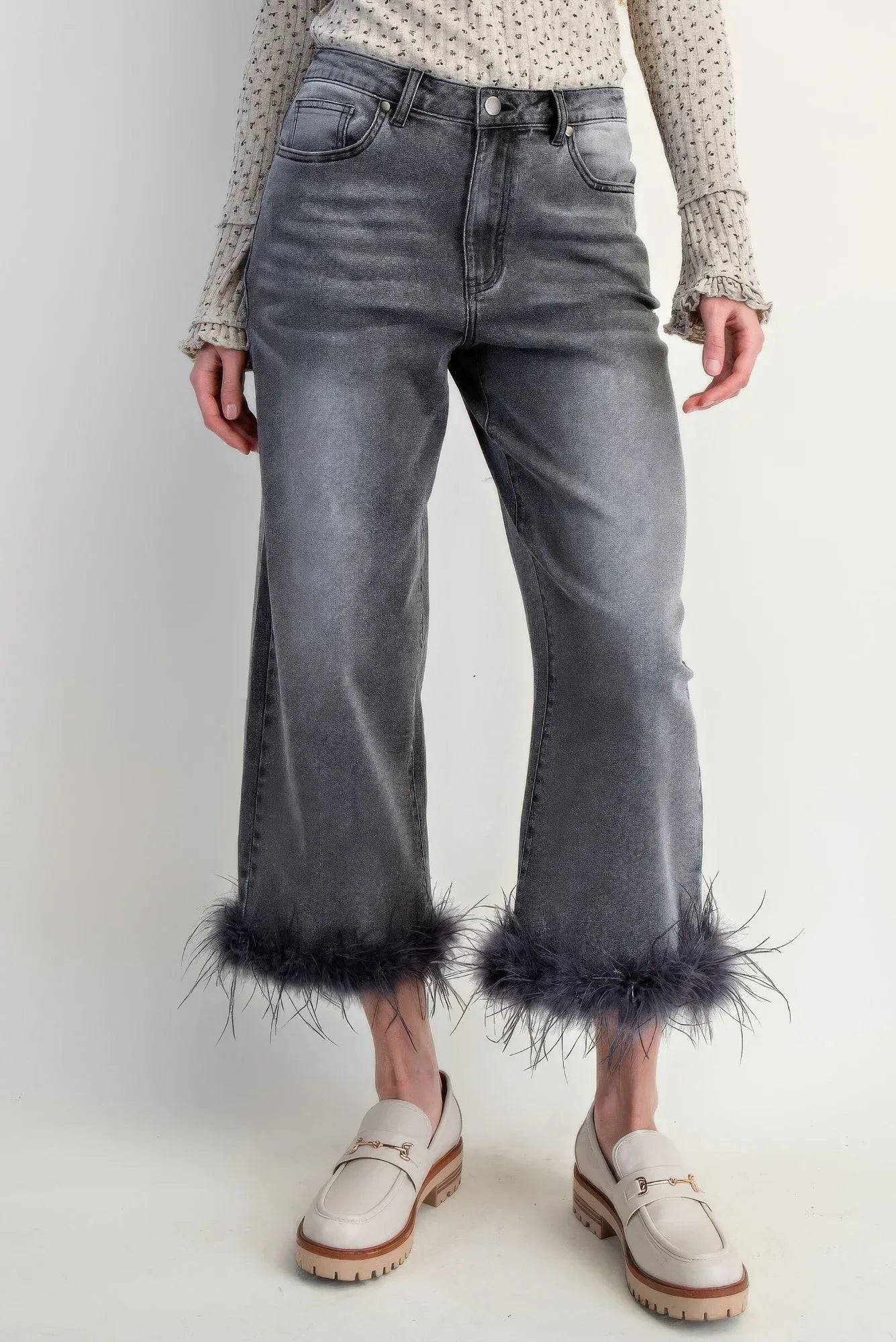 Fur Bottom Hem Washed Stretch Denim Pants | Mixtshop LLC