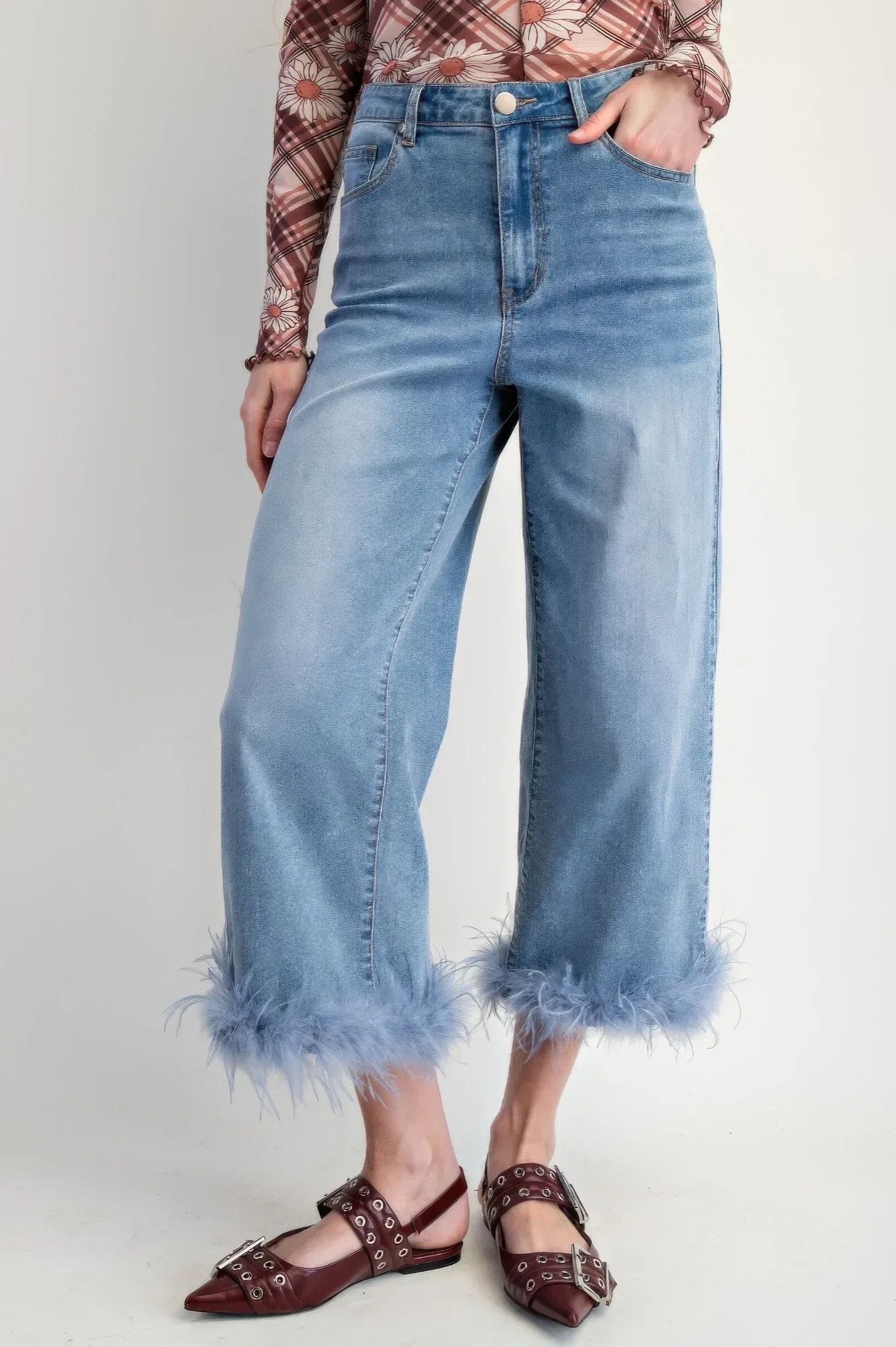 Fur Bottom Hem Washed Stretch Denim Pants | Mixtshop LLC Main image