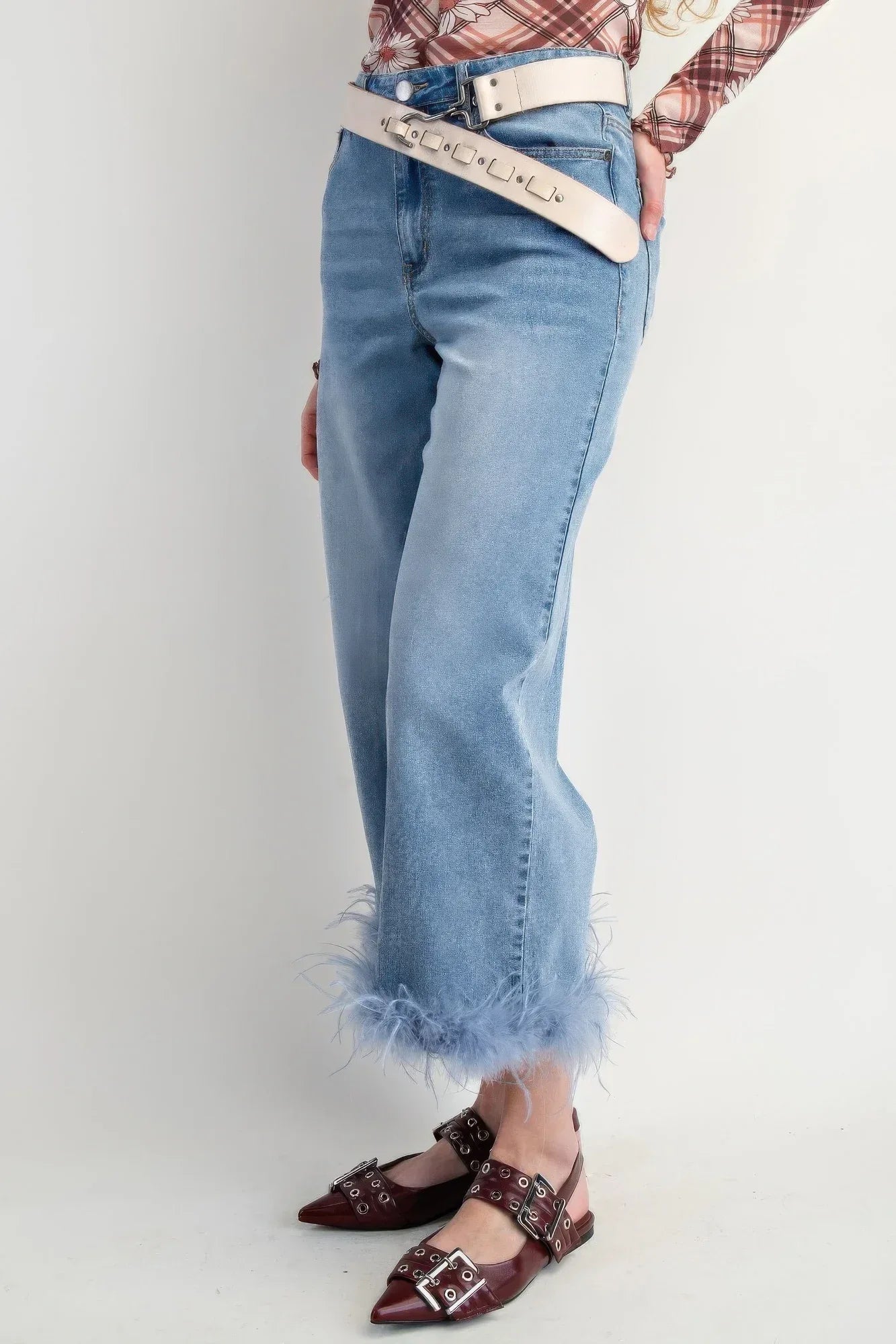 Fur Bottom Hem Washed Stretch Denim Pants | Mixtshop LLC