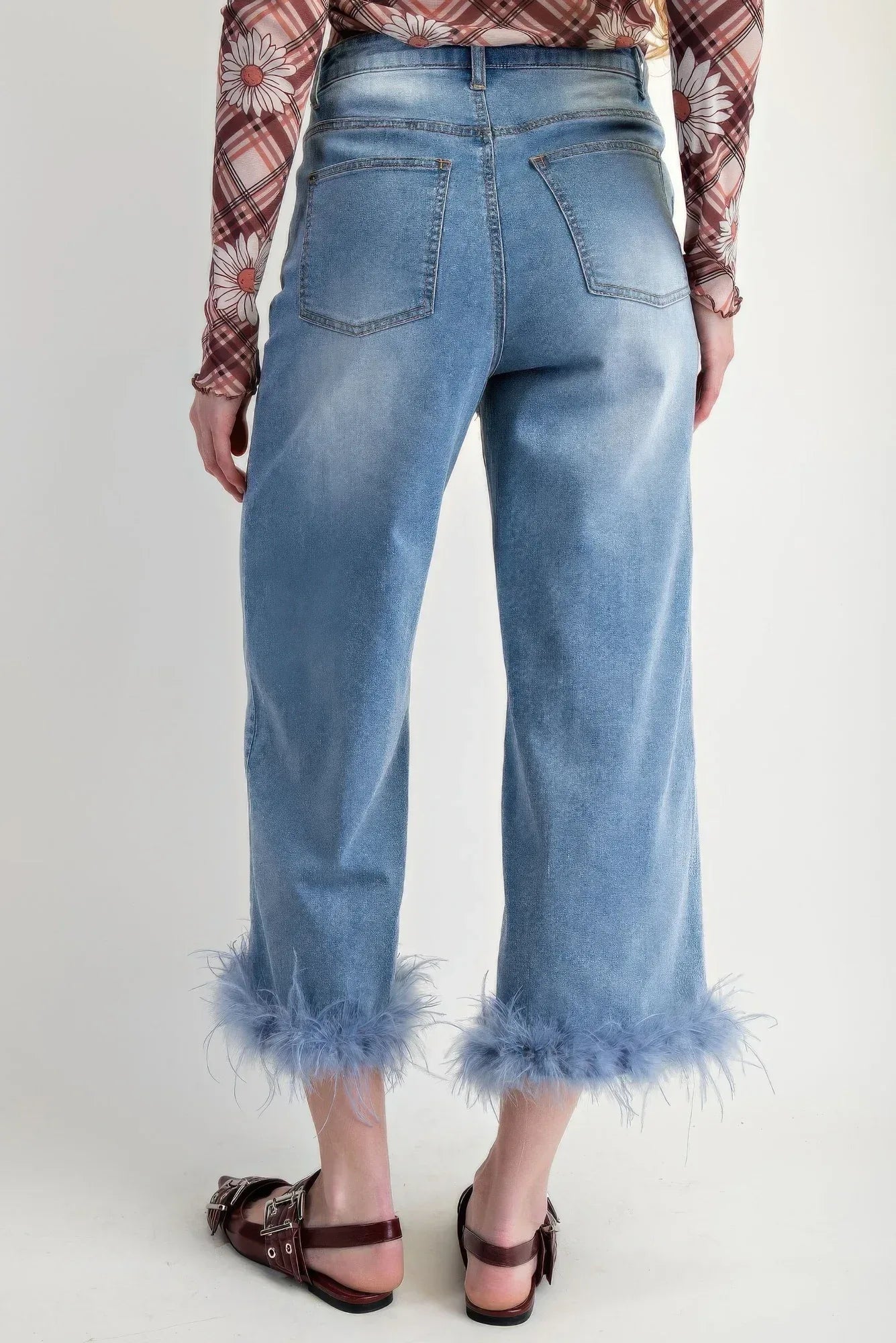 Fur Bottom Hem Washed Stretch Denim Pants | Mixtshop LLC