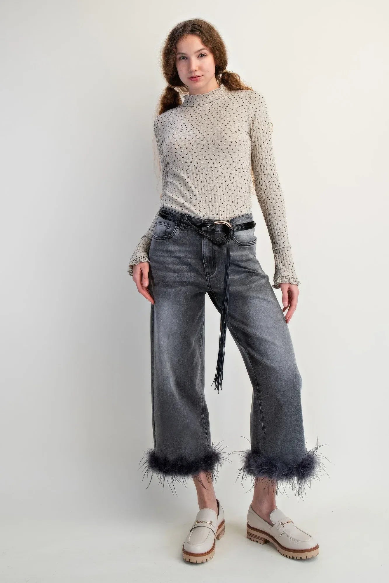 Fur Bottom Hem Washed Stretch Denim Pants | Mixtshop LLC