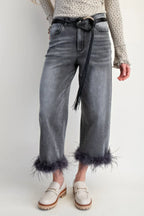 Fur Bottom Hem Washed Stretch Denim Pants | Mixtshop LLC