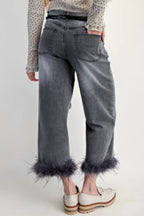 Fur Bottom Hem Washed Stretch Denim Pants | Mixtshop LLC