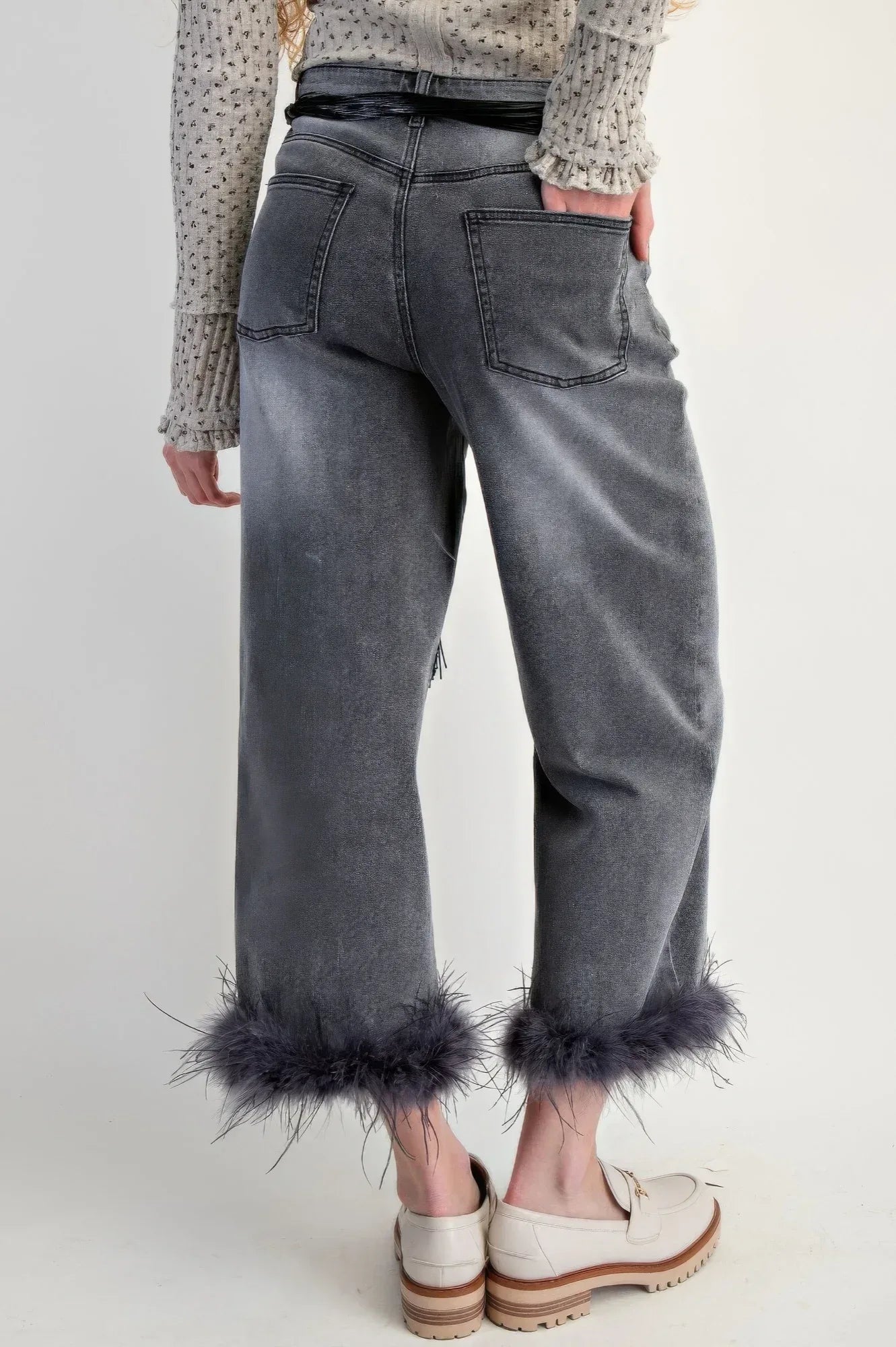 Fur Bottom Hem Washed Stretch Denim Pants | Mixtshop LLC