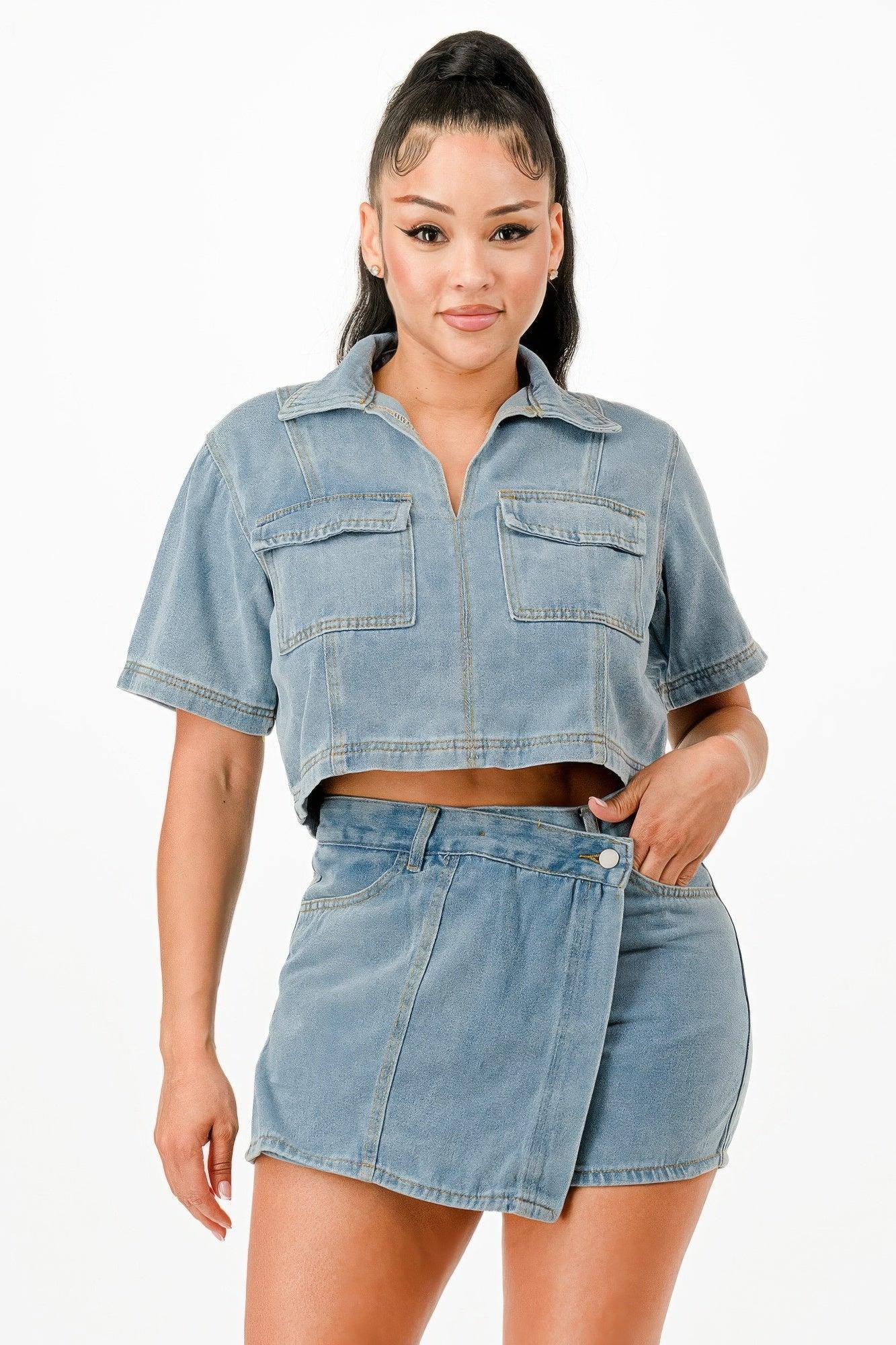 Cropped Denim Shirt And Skort Set | Mixtshop LLC