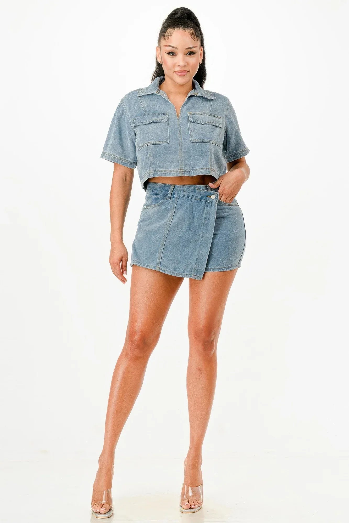 Cropped Denim Shirt And Skort Set Secondary image