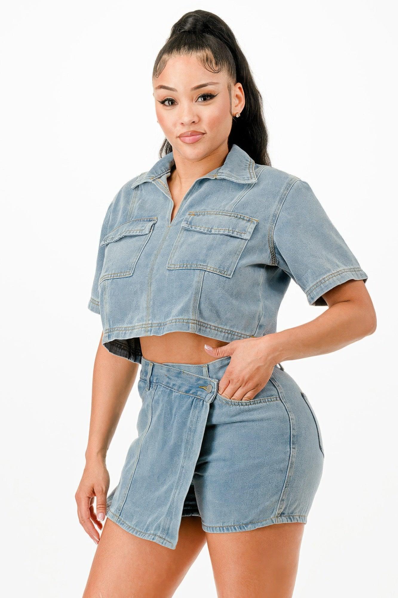 Cropped Denim Shirt And Skort Set | Mixtshop LLC