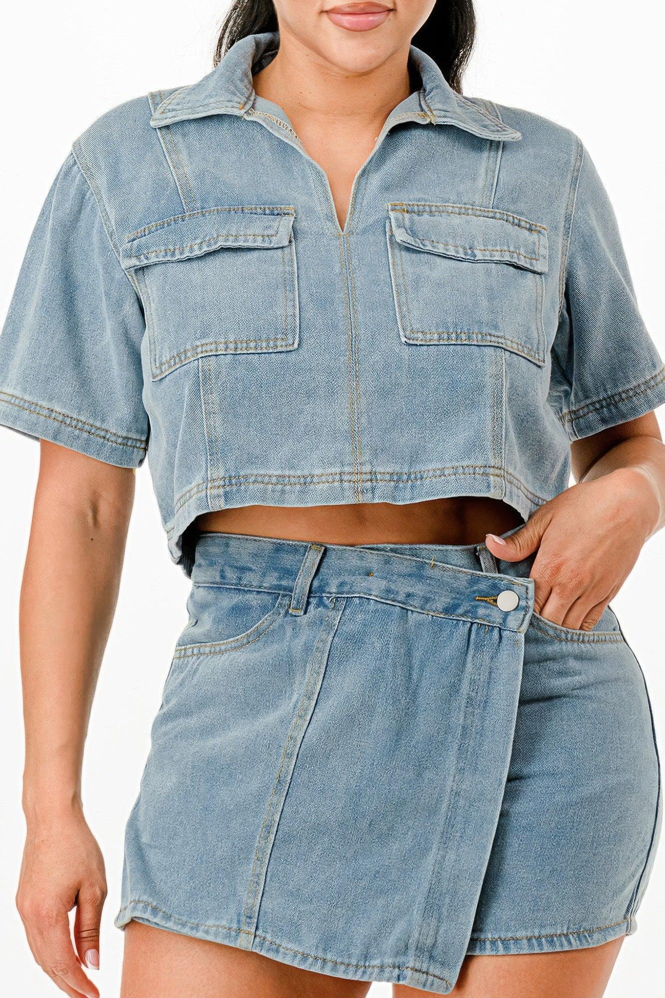 Cropped Denim Shirt And Skort Set | Mixtshop LLC