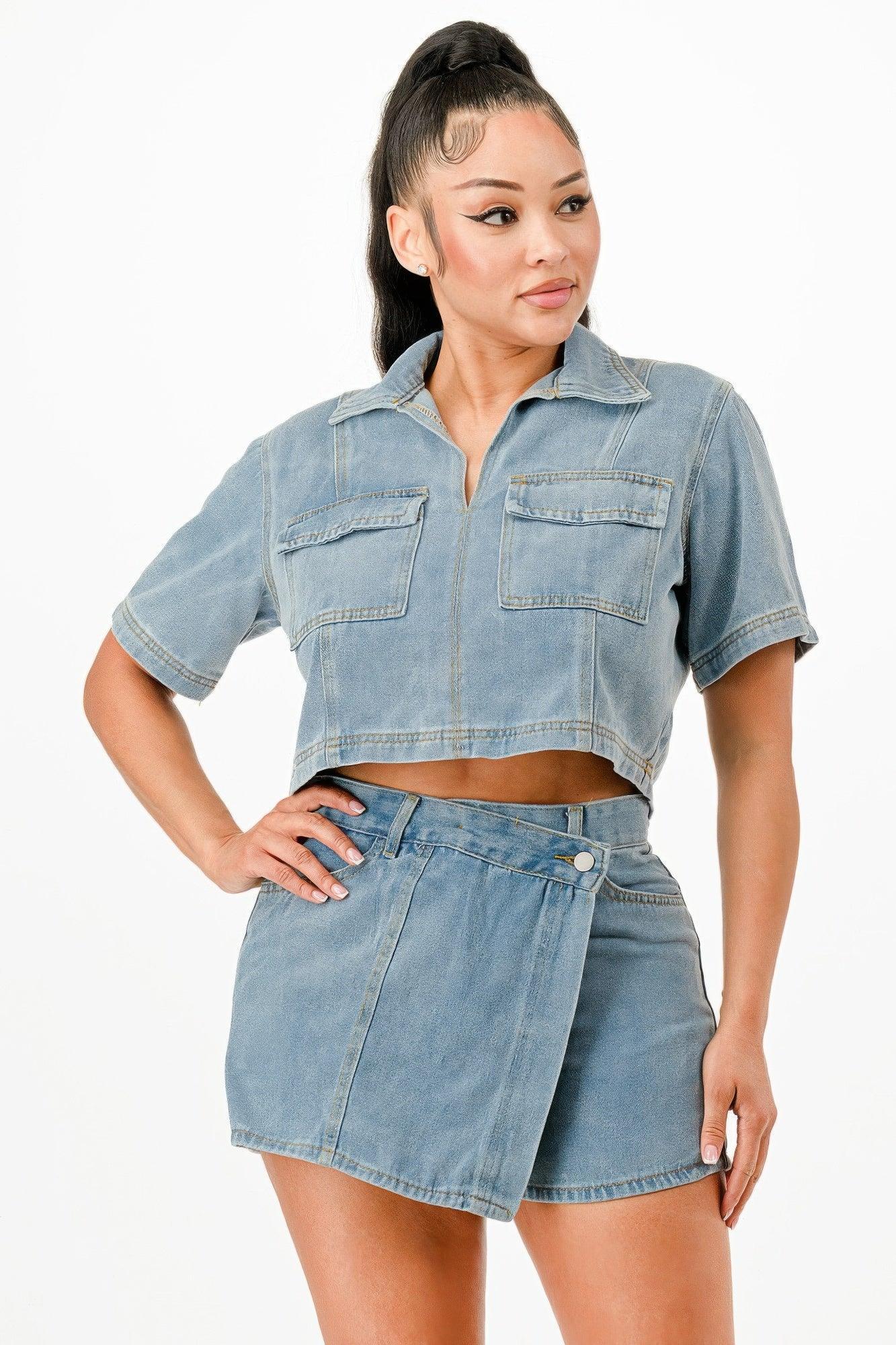 Cropped Denim Shirt And Skort Set | Mixtshop LLC
