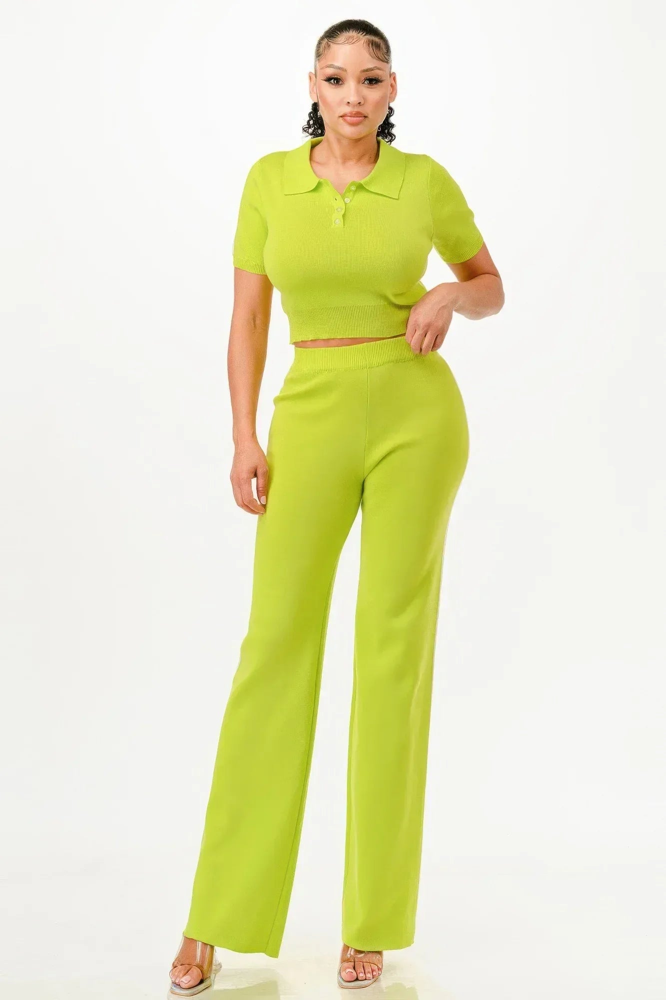 Cropped Polo Sweater Shirt And Pants Set | Mixtshop LLC Main image