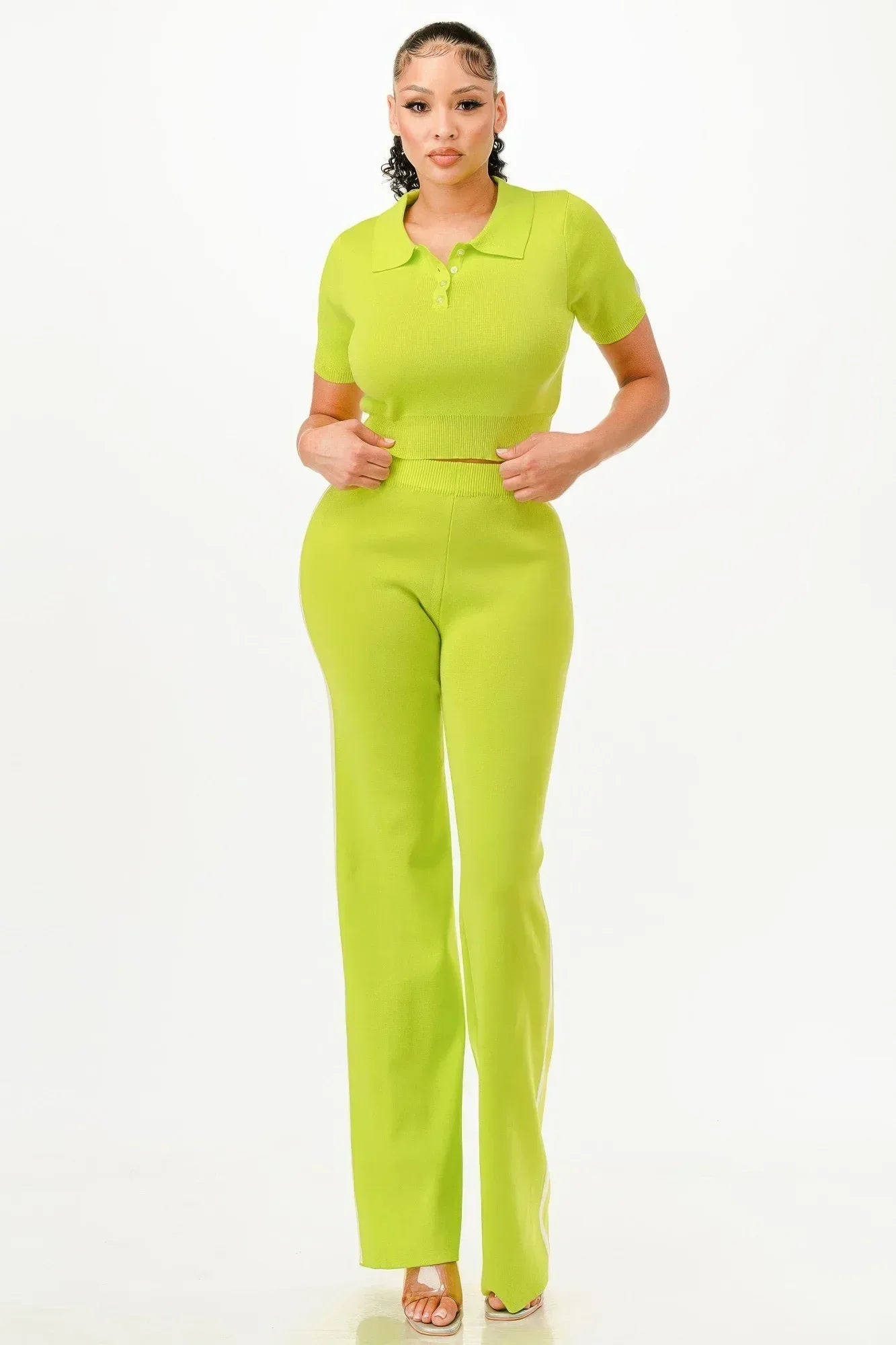 Cropped Polo Sweater Shirt And Pants Set Secondary image