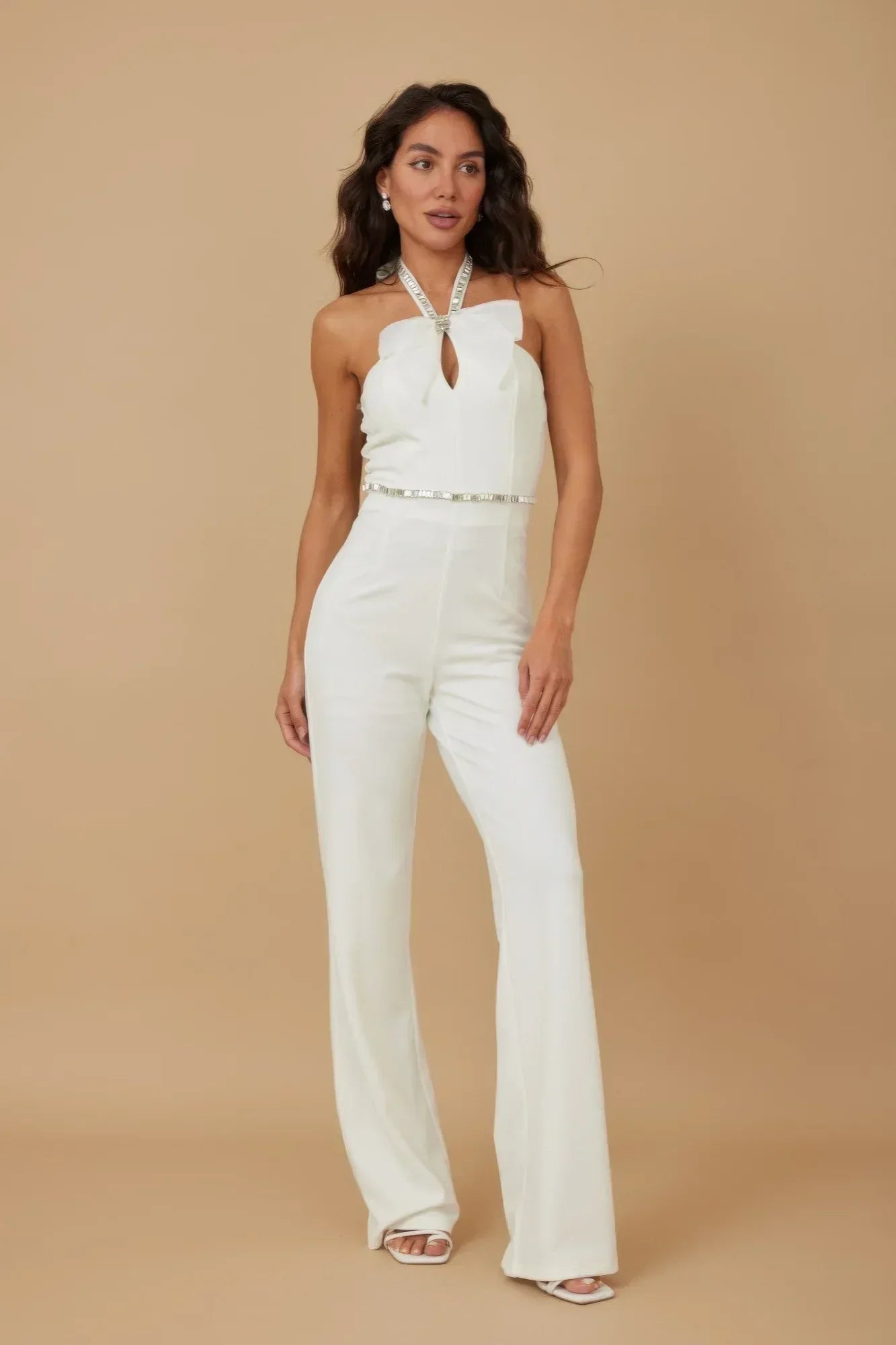 Rhinestone Ribbon Haltered Neck Jumpsuit | Mixtshop LLC Main image