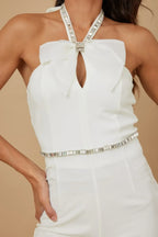 Rhinestone Ribbon Haltered Neck Jumpsuit | Mixtshop LLC