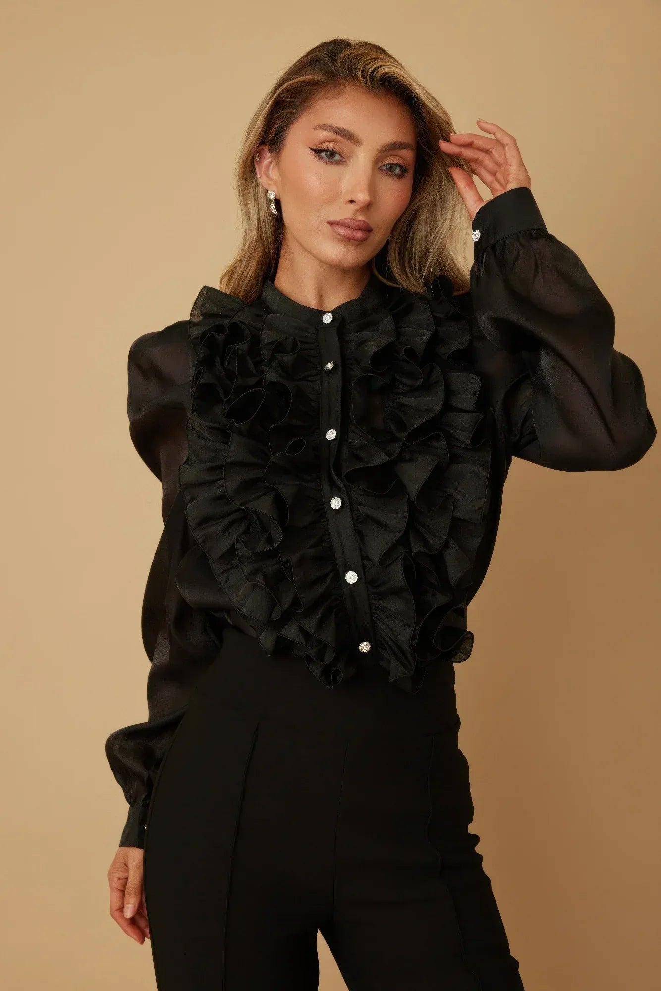 Ruffle Micro Crystal Long Sleeve Blouse | Mixtshop LLC