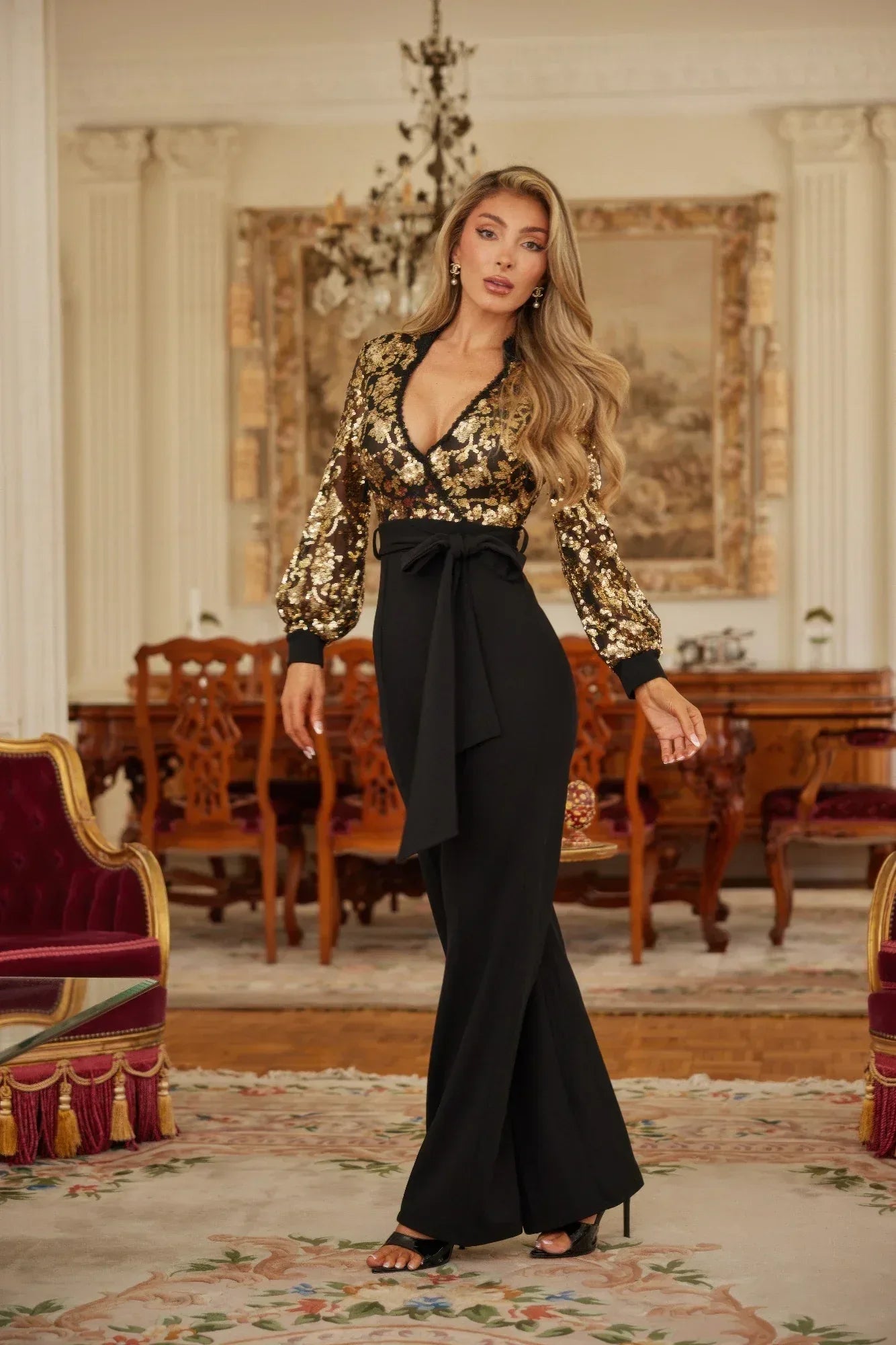 Flower Vein Sequin Print Jumpsuit | Mixtshop LLC