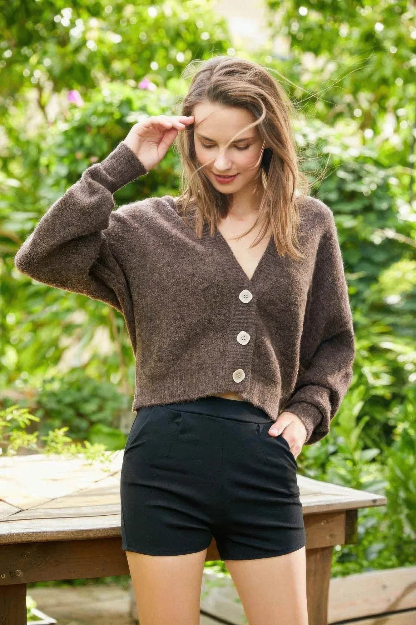 Low V-neck Button Sweater Top | Mixtshop LLC Main image