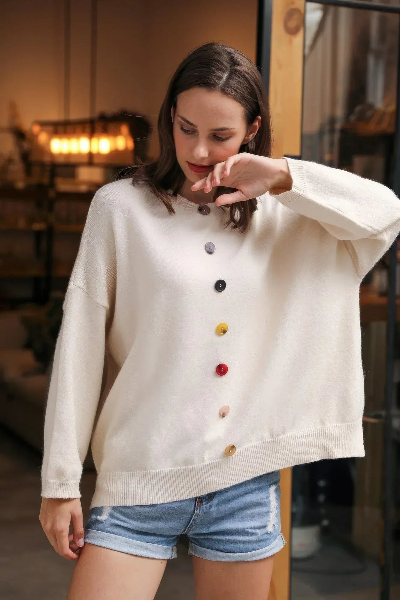 Solid Sweater With Colorful Buttons | Mixtshop LLC Main image