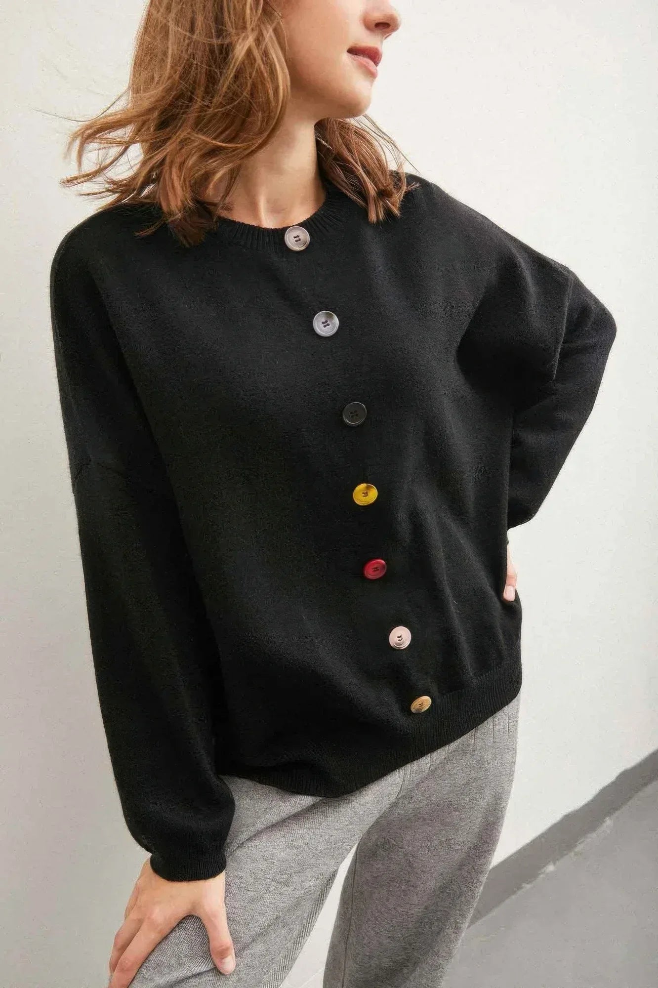 Solid Sweater With Colorful Buttons | Mixtshop LLC